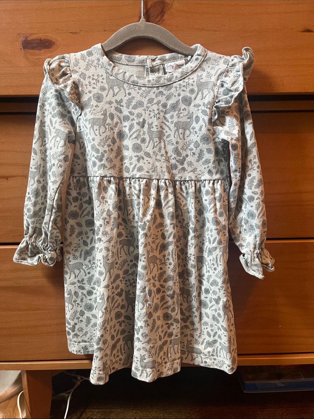 Girls' Ruffle-Shoulder Deer Print Dress - Light Gray